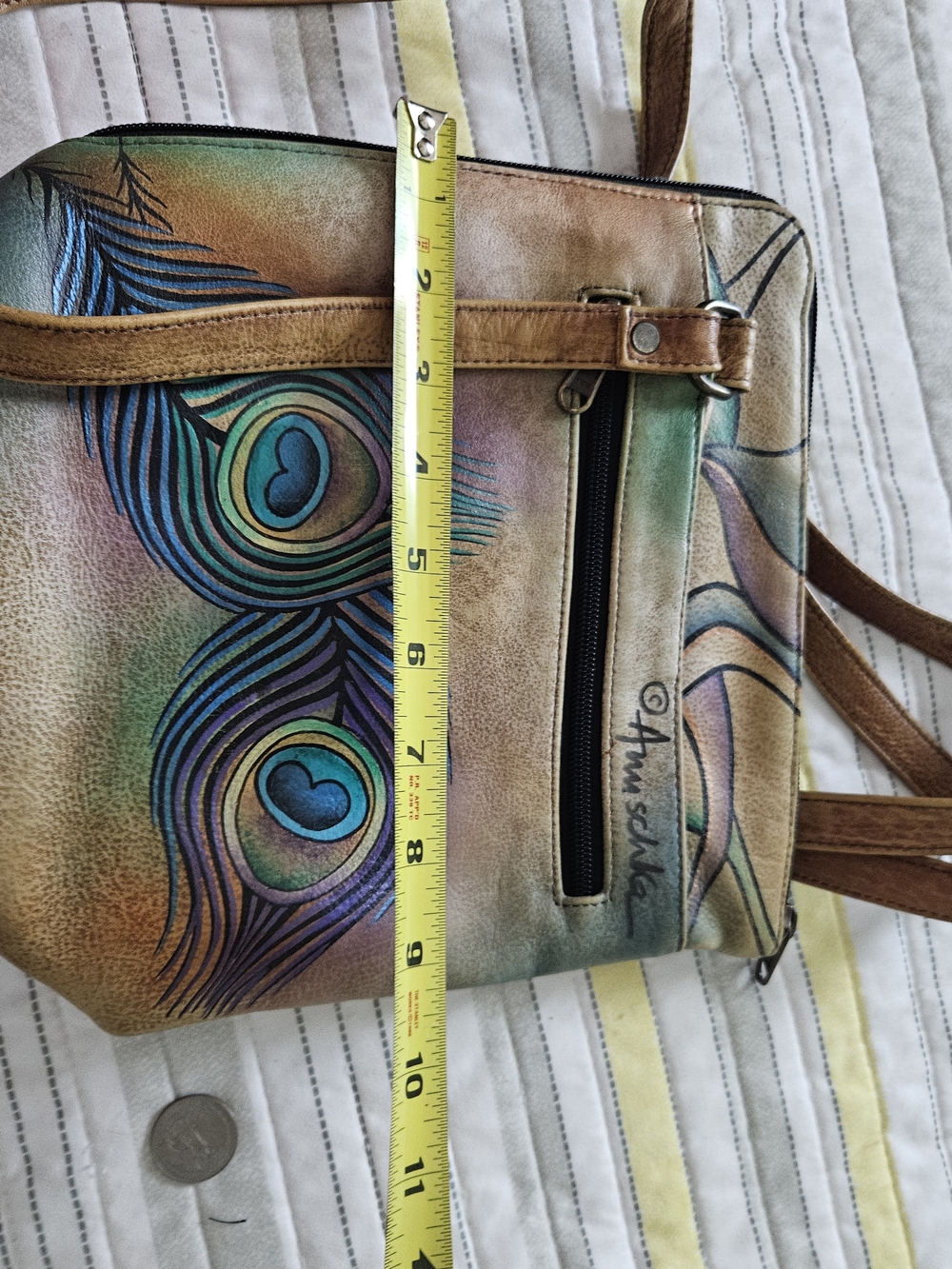 Anuschka Hand-Painted Peacock Feather Leather Crossbody in Teal, Blue, Purple - Picture 13 of 13